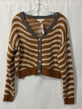 New HYFVE Cropped Cardigan Sweater Sz Small Brown Striped Button Front
